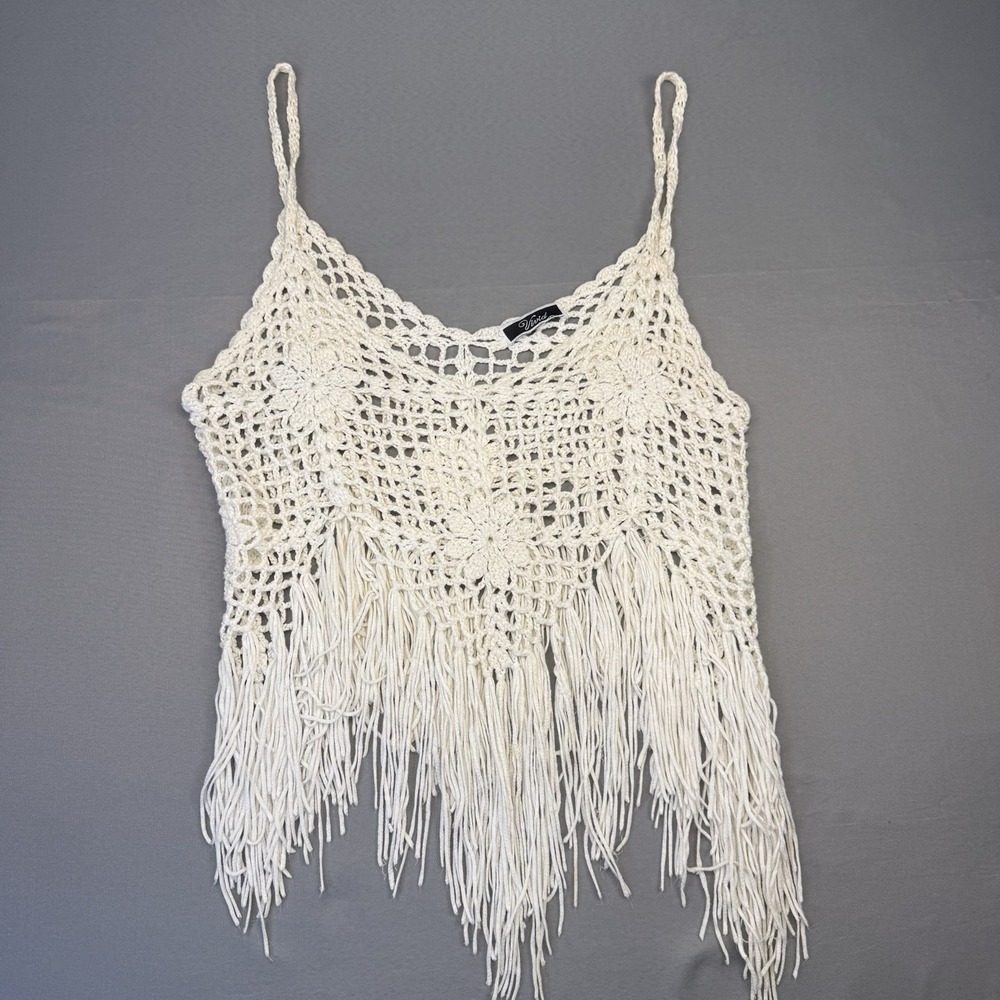 Crochet Fringe Festival Boho Floral Ivory Crop Top Size Large